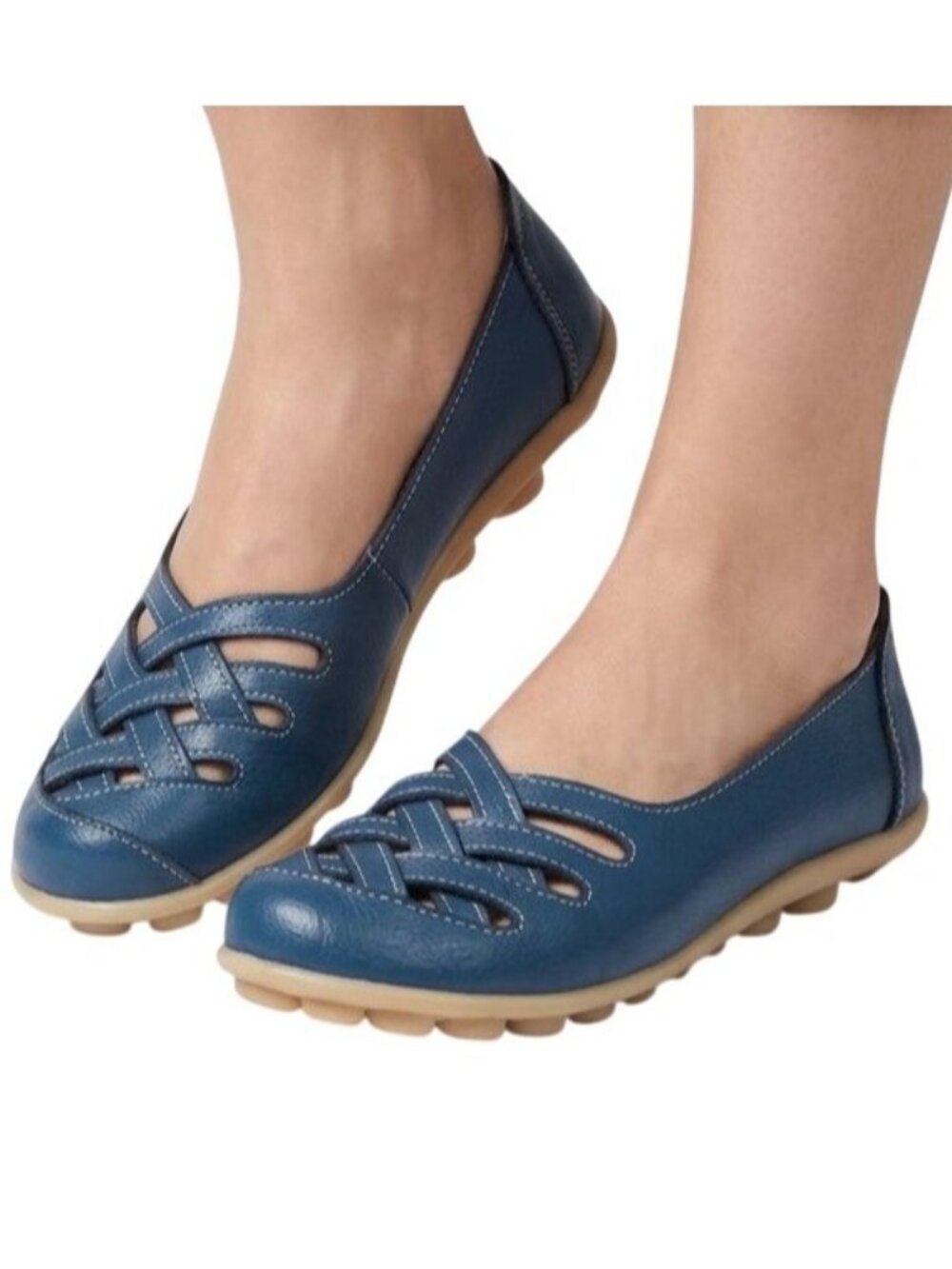 Women's Leather Ballerina Flat Casual Closed Toe Shoes Light Blue Size 43/ US-10